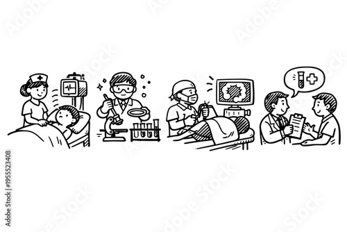 Hospital Medical Scenes Coloring Page – Doctor, Nurse, Patient Care & Lab Illustration for Kids