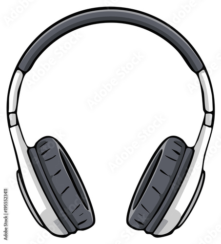 Cartoon style illustration of modern grey and white over-ear headphones