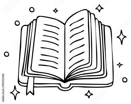 Whimsical open book with radiating stars and circles illustration