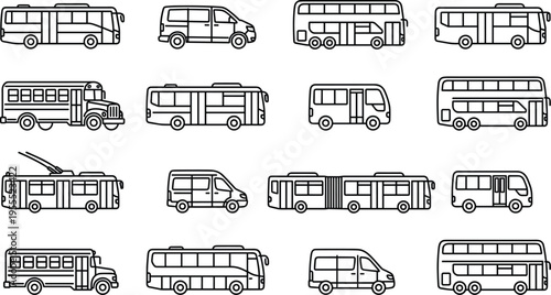 bus vehicle icons set, public transport minibus coach van, city transportation, urban mobility, passenger travel, transit system, outline vector design