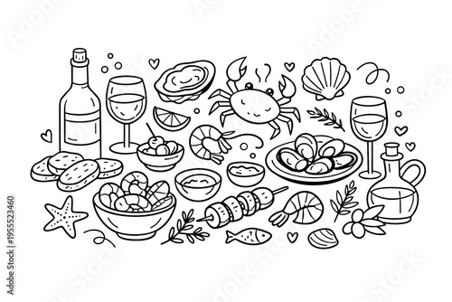 Cute Kawaii Seafood Feast Illustration – Oysters Shrimp Crab Caviar Wine Doodle