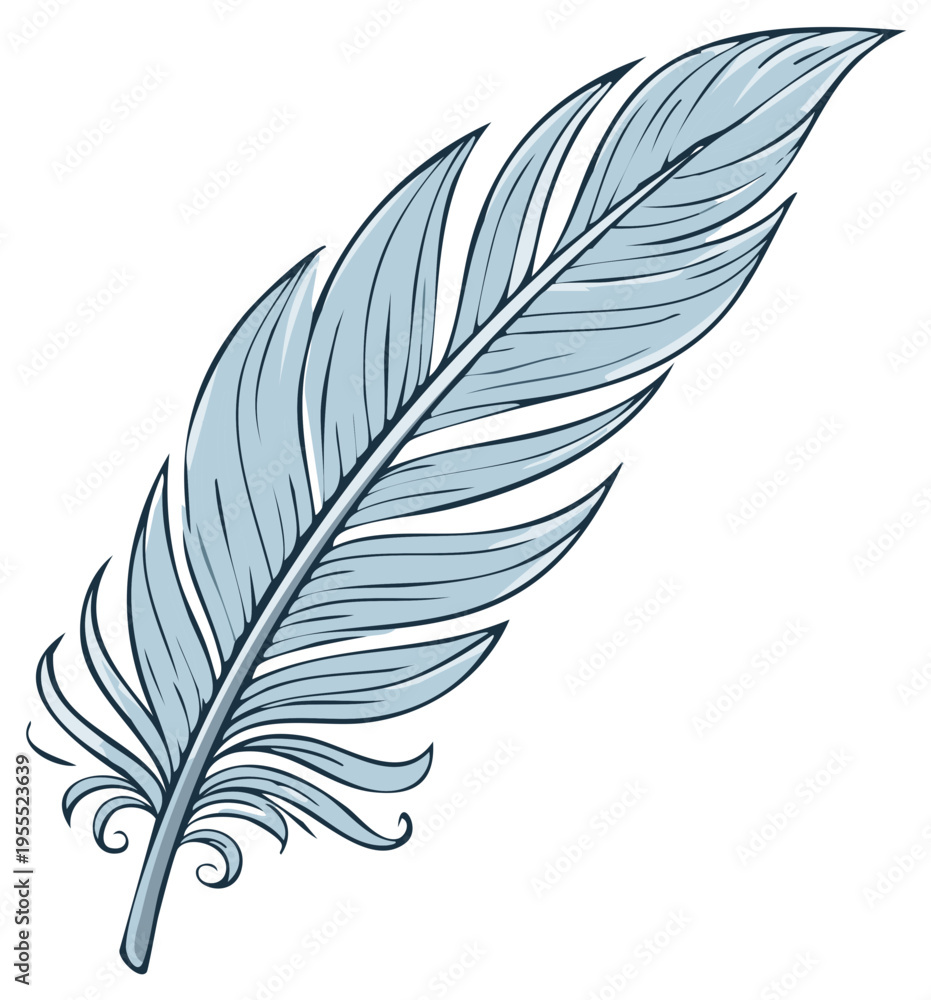 Fototapeta premium Illustrative Pale Blue Feather with Dark Outline and Delicate Curls
