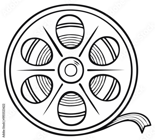 Classic film reel line art illustration with film strip trailing for cinema and media