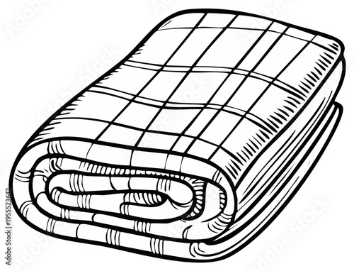 Line art illustration of a cozy checkered blanket, neatly folded and partially rolled