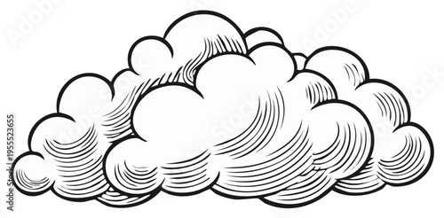 Artistic cloud illustration in black and white, vintage engraving style with detailed lines.