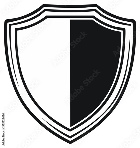 Heraldic shield halves black and white vector illustration, heraldry protection symbol, medieval emblem