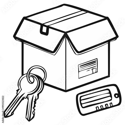 Outline illustration of an open moving box, house keys, and a remote car fob, property concept.