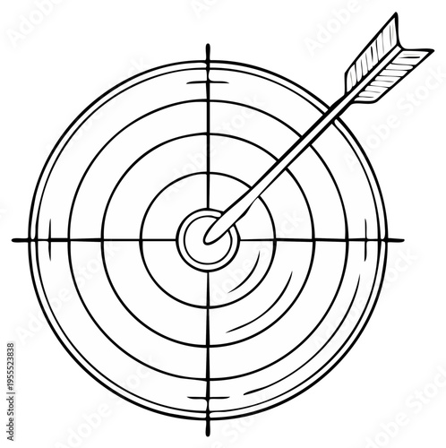 Arrow hitting bullseye on target board drawn in sketch style with crosshairs symbolizing success