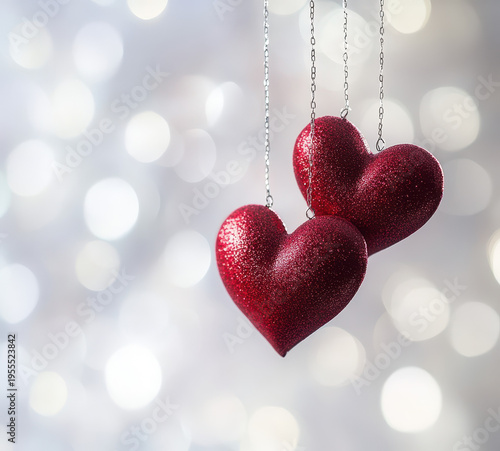 Red heart glitter heart love symbol romantic decoration hanging ornament valentine concept couple heart bokeh background shiny texture holiday romance Two red glitter heart love symbol romantic