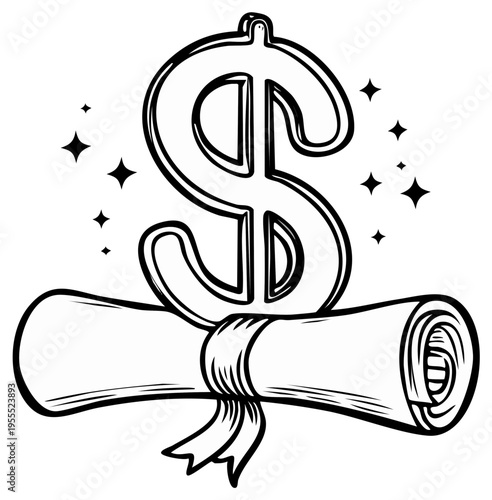 Dollar sign and rolled diploma symbolizing educational investment and financial success