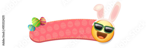 Easter pink horizontal banner with happy emoji mascot. Easter Smiling character with sunglasses and bunny ears, colorful eggs and text space on white background. Festive spring vector illustration