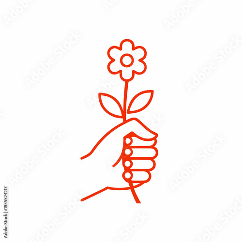 A simple red line drawing depicts a flower held in a hand