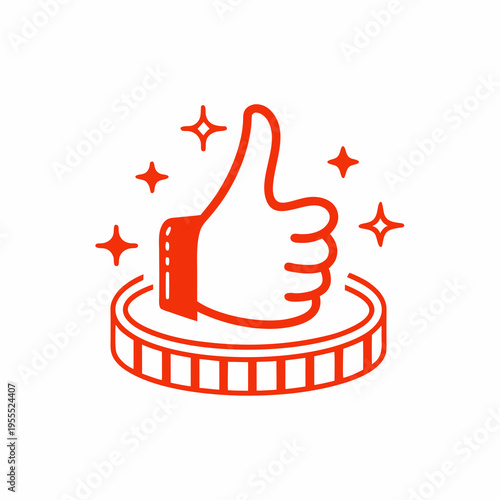 A red thumbs up icon rests atop a circular grooved platform