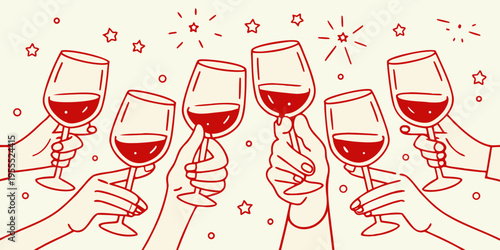 A celebratory toast with red wine glasses and festive star decorations