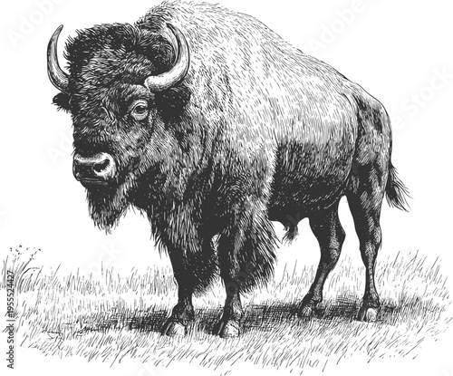 Western bison illustration in vintage ink sketch vector style with detailed buffalo engraving. Iconic wild animal perfect for branding, national park themes, logos and rustic heritage graphics.