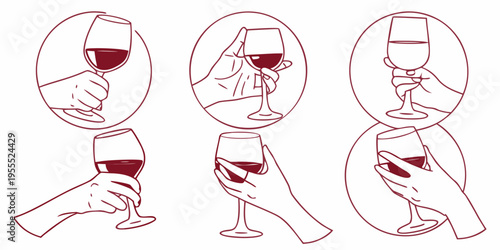 Hands holding wine glasses in various sketched poses and orientations
