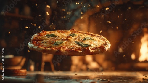 Levitating Fresh Margherita Pizza in a Warm Rustic Kitchen