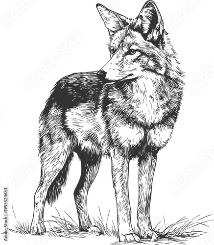 Coyote illustration vintage engraved vector in western desert wildlife style. Detailed hand-drawn predator animal for nature, wildlife design, branding, prints, and rustic graphics.