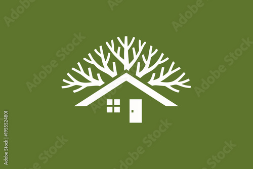 Flat Minimalist Eco House Logo with Tree Crown Roof on Olive Green Background