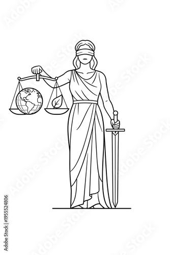 Lady Justice with Scales, Globe and Sword – Line Art Illustration of Law and Global Justice