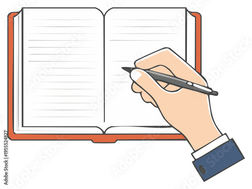 Cartoon Hand Writing Notes With Pen In Open Blank Lined Book For Study Or Work