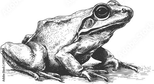 Frog illustration vintage engraved vector featuring detailed amphibian wildlife drawing in classic ink style. Natural animal artwork perfect for education, nature eco branding, and scientific prints.