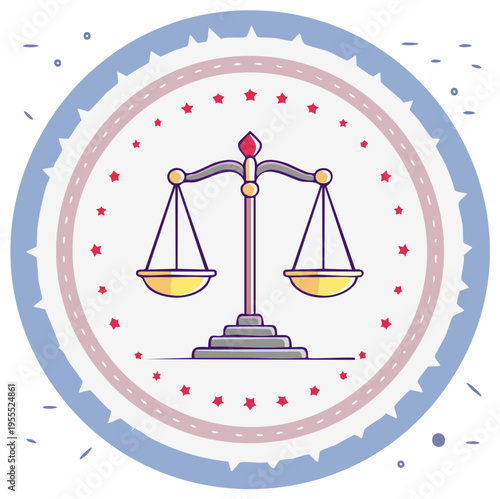 Justice Scales Symbol Emblem Round Border Red Stars Legal Balance