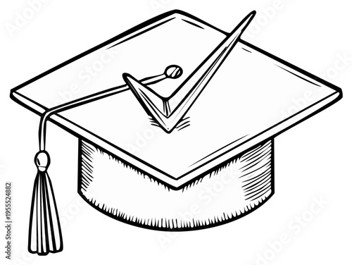Graduation cap mortarboard with a checkmark symbolizing educational success and passing.