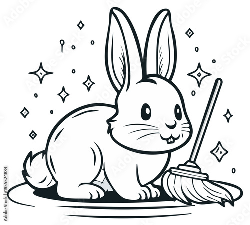 Happy cartoon bunny mascot with a mop illustrating sparkling clean tidiness concept