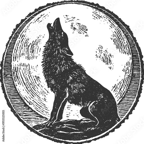 Wolf howling at the moon illustration vintage engraved vector in bold silhouette style. Iconic wildlife symbol ideal for logos, branding, outdoor themes, badges, apparel, and adventure design projects