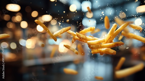 Flying Crispy French Fries in Dynamic Restaurant Bokeh Background