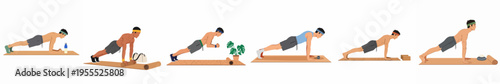 A set of flat illustrations depicting various men performing plank and push-up exercises on yoga mats for fitness and strength training.