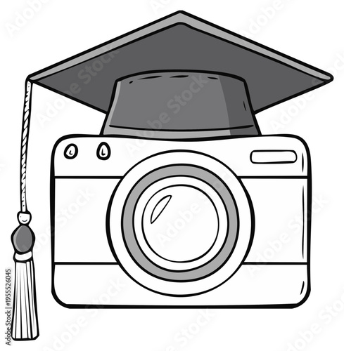 Cartoon camera illustration with a graduation cap symbolizing photography school or learning