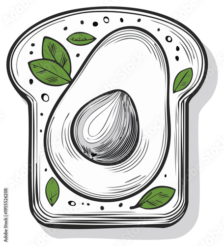 Illustrated avocado toast with fresh herbs, overhead view