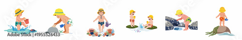 Set of cute toddlers exploring the seashore and playing in tide pools with toys and sea life, flat vector illustration on white background.