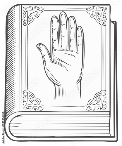 Engraving of an open hand raised over a decorative old book, symbolizing an oath, promise, or legal testimony
