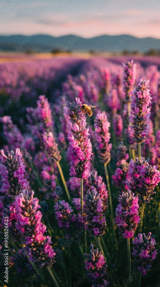 Obraz premium Bee pollinating purple lavender flowers in golden sunset field