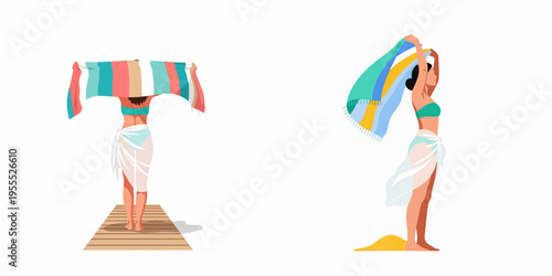 Vector illustration set of a young woman in a bikini and sarong holding a striped beach towel, perfect for summer vacation and travel themes.