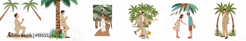 A collection of flat vector illustrations depicting a romantic marriage proposal and engagement story in a tropical beach setting with palm trees.