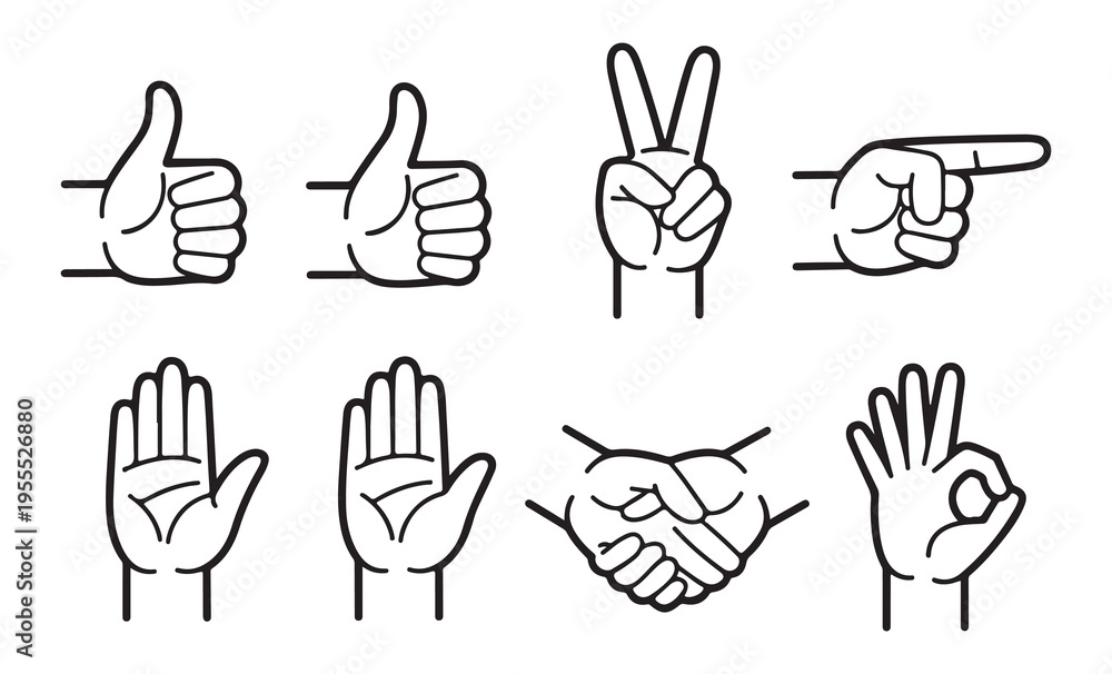 Fototapeta premium Set of black outline hand gesture icons including thumbs up down peace sign pointing and handshake
