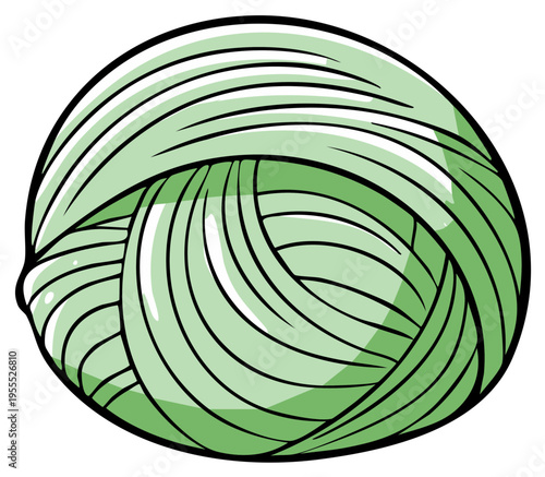 Hand-drawn illustration of a green ball of yarn with thick outlines and tonal shading