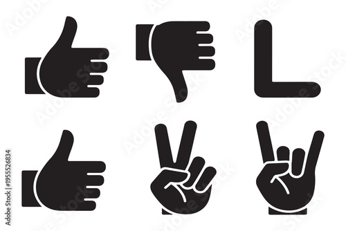 Popular hand signs and finger gestures set containing thumbs up dislike victory and rock and roll rock symbols