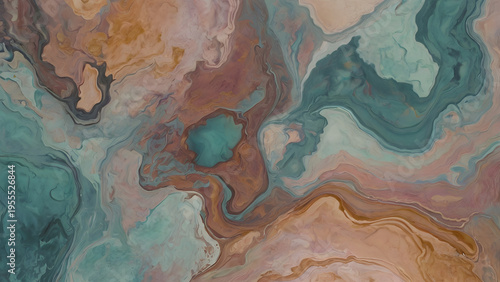 Abstract fluid art background with organic marbled patterns. Earthy teal, terracotta, beige blend in serene swirls, evoking natural flow and artistic expression