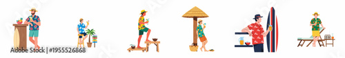 Set of flat illustrations featuring men in colorful shirts enjoying tropical beach vacations with cocktails, surfboards, and loungers on white background.