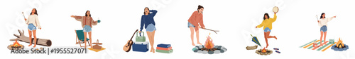 Set of illustrations showing young women enjoying outdoor activities like camping, beach bonfires, roasting marshmallows, playing music, and relaxing during summer vacation.