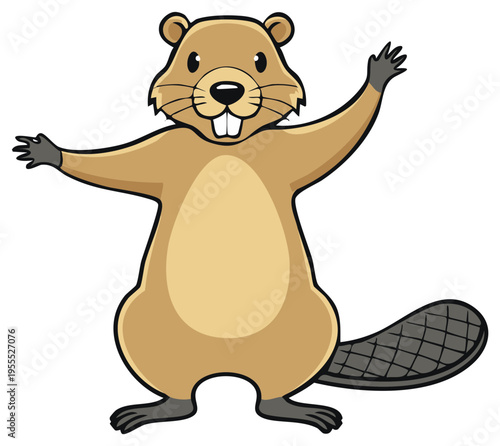 Cartoon beaver standing with its arms outstretched and smiling, ready to build dams and cut down trees in the forest