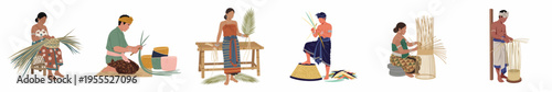 Vector illustration set of Balinese men and women in traditional clothing engaged in the art of traditional basket weaving and craft making.