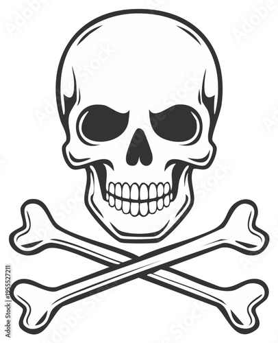 Graphic illustration of a human skull and crossbones symbol in black and white outline