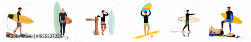 Collection of diverse surfers with surfboards in flat vector style, illustrating summer beach activities and coastal lifestyle themes on a white background.