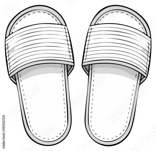 Simple illustration of a pair of white comfort slides with striped straps and stitched details